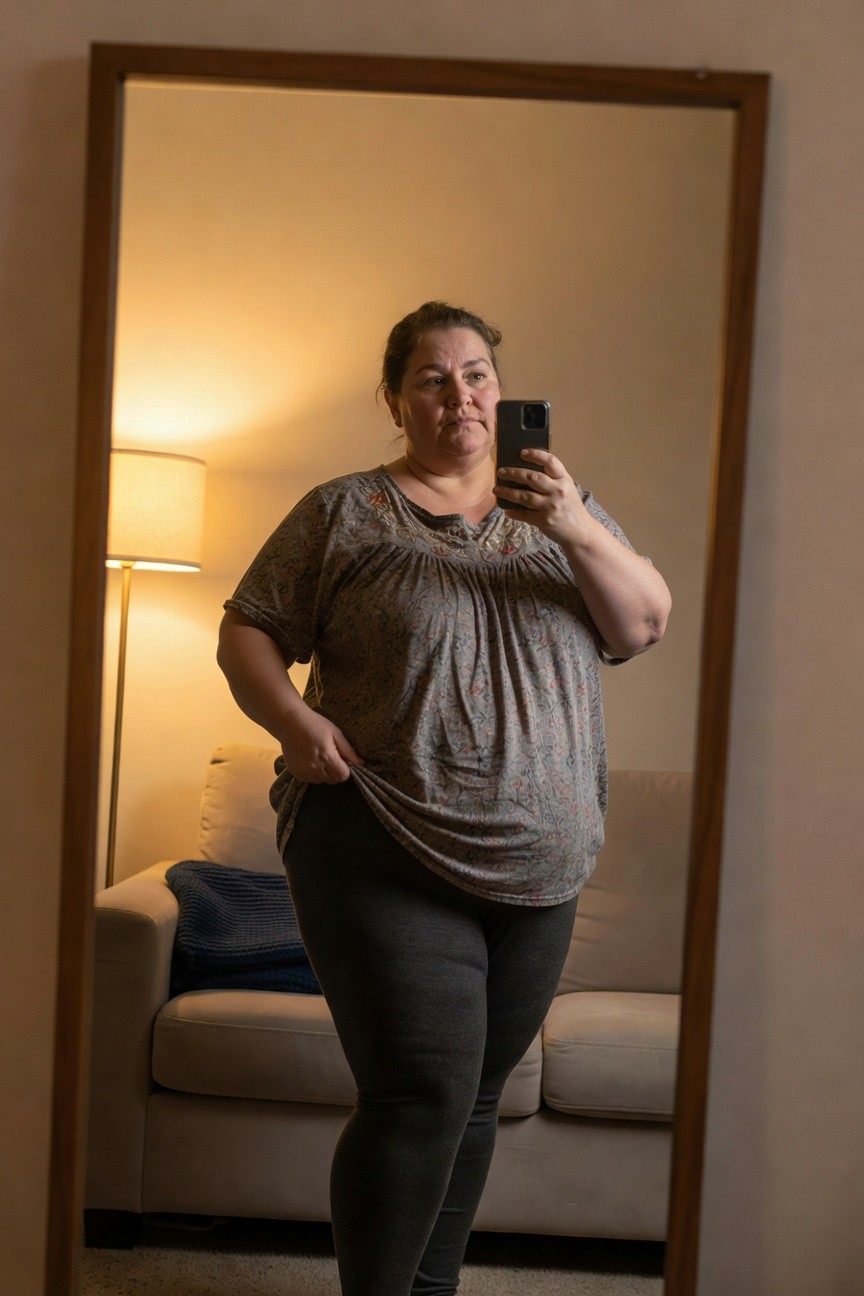 Plus-size woman in a gray embroidered tunic top with subtle print and dark gray leggings, posing in front of a mirror selfie-style, hands lifting the hem slightly