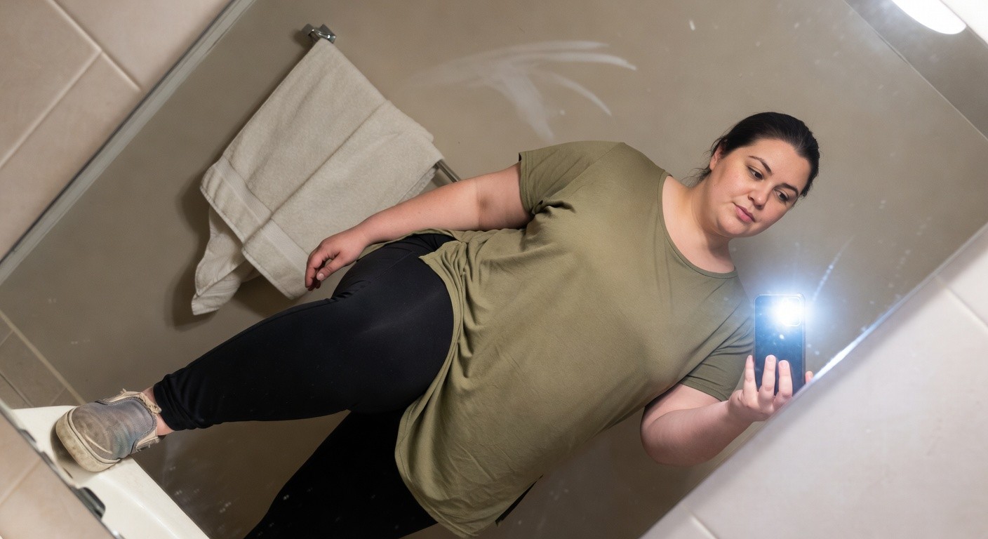 Plus-size woman in a mirror selfie wearing an oversized sage green tunic top with wide sleeves, black high-waisted leggings, and white sneakers, posing sideways in a bathroom to highlight the outfit's fit and flow.
