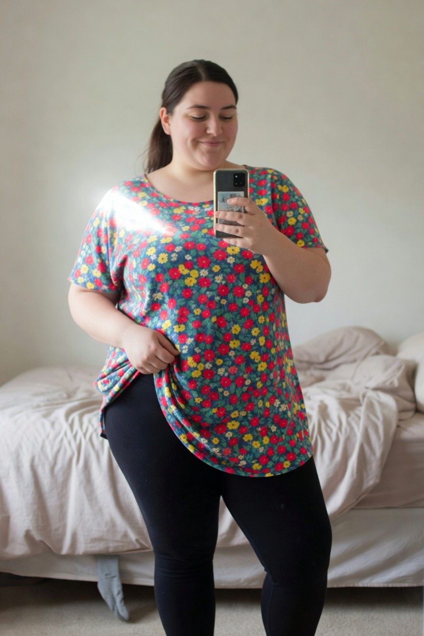 Plus-size woman smiling in selfie wearing colorful floral print tunic top in reds pinks yellows on navy with black leggings standing in bedroom lifting tunic hem slightly