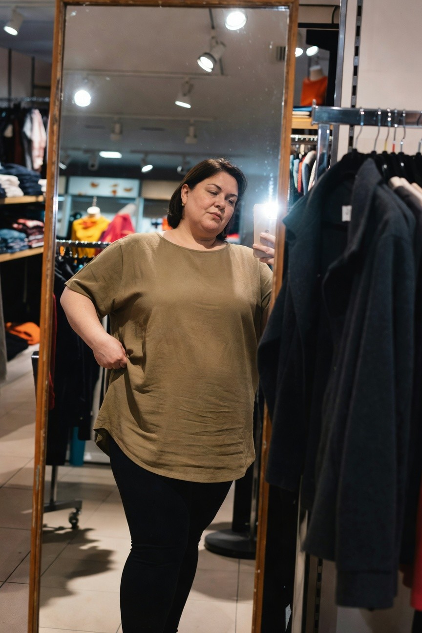 Plus-size woman taking a mirror selfie in a clothing store, wearing a loose beige tunic top with wide sleeves over black leggings, hands on hips, surrounded by racks of clothes