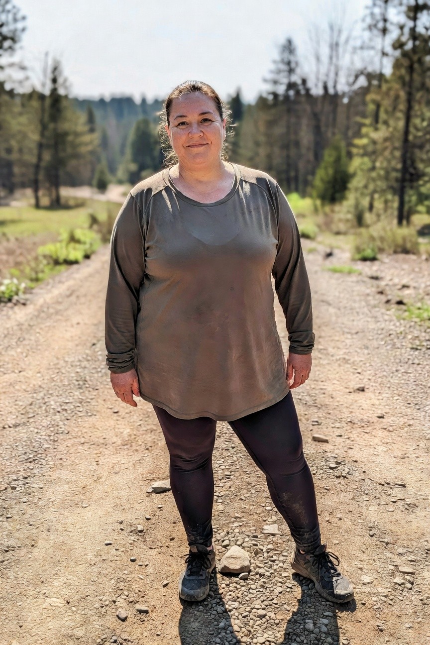 Plus-size woman smiling outdoors in an oversized olive green long-sleeve tunic top, black fitted leggings, and black hiking boots, standing confidently on a dirt path