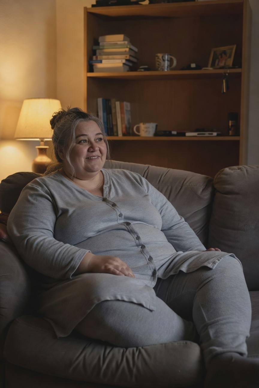 Plus-size woman lounging on a gray couch in a long gray button-front tunic top with long sleeves and matching wide-leg gray pants, smiling warmly in a cozy bookshelf-lined room with lamp light
