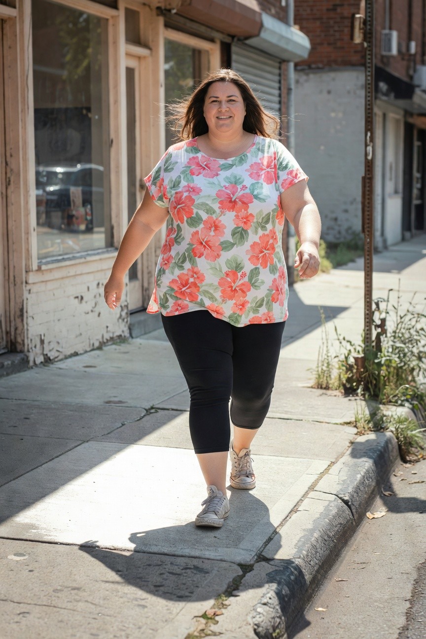Plus-size woman in a loose pink hibiscus floral print tunic top with short sleeves, black capri leggings, and white sneakers walking on a sidewalk