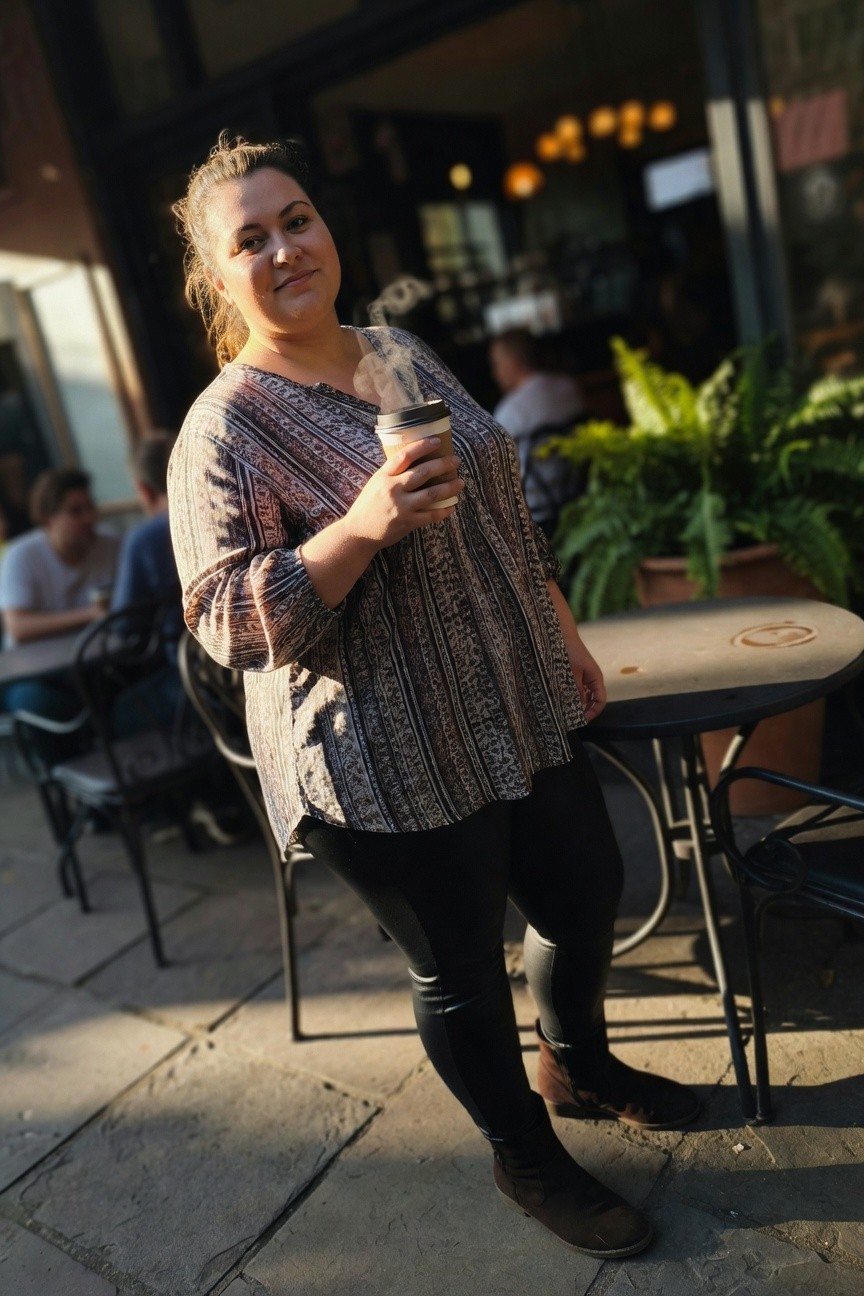 Plus-size woman standing outdoors near a cafe table, wearing a loose beige and brown patterned long-sleeve tunic blouse, black leggings, and brown ankle boots, holding a steaming coffee cup and smiling at the camera