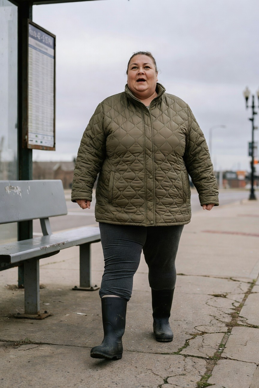 Plus-size woman standing by a bus shelter in an olive green quilted jacket over gray leggings tucked into black rubber wellington boots, hands gesturing outward with an open-mouthed expression