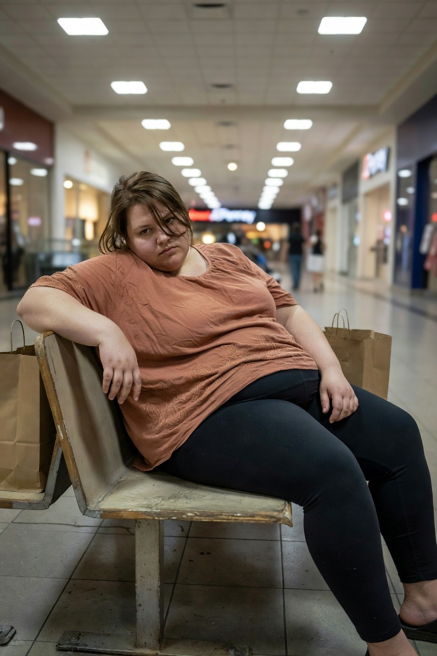 Plus-size woman lounging on a mall bench in a loose rust tunic top with subtle embroidery, black leggings, black sandals, and brown paper shopping bags beside her