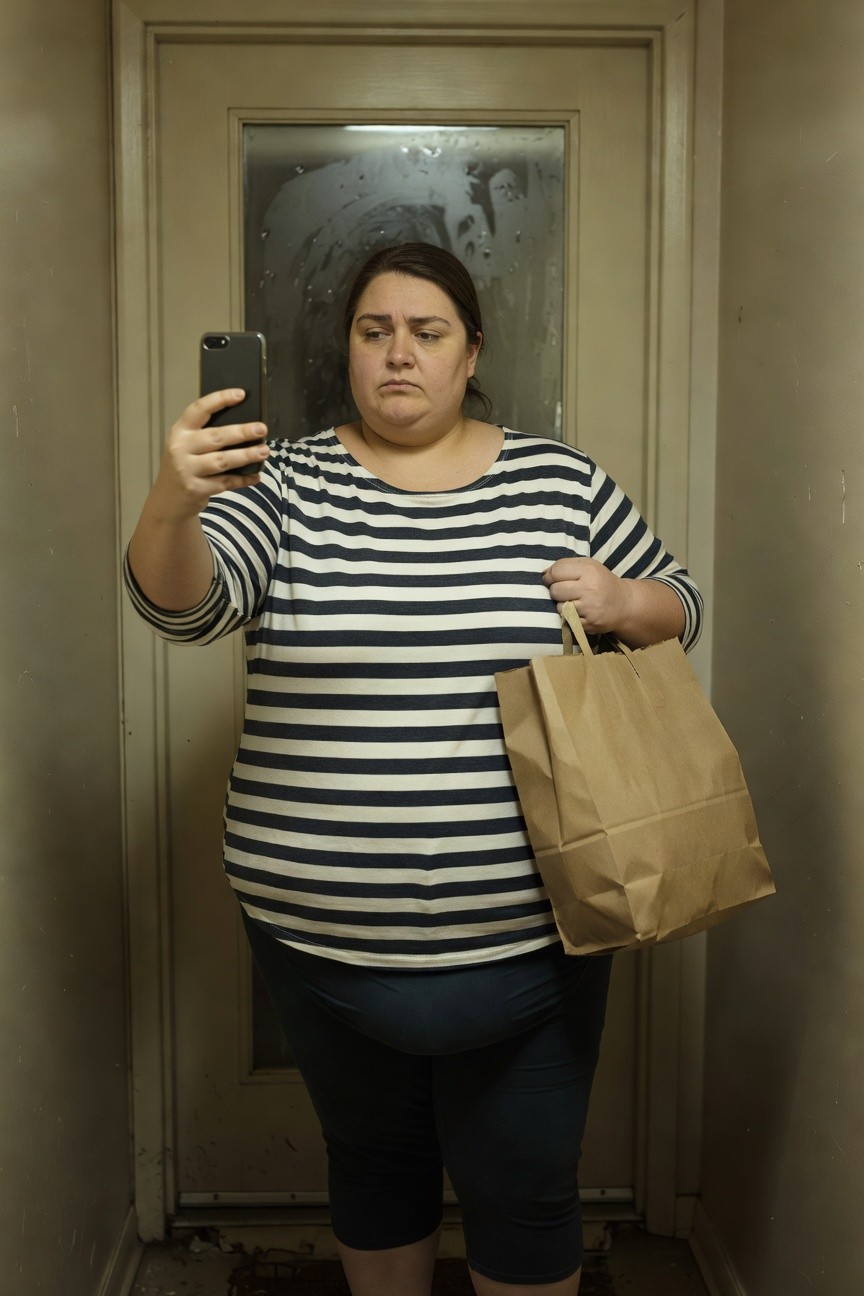 Plus-size woman taking a selfie in a striped long-sleeve white-and-black horizontal tunic top with black capri leggings, holding a brown paper bag, standing in an elevator doorway