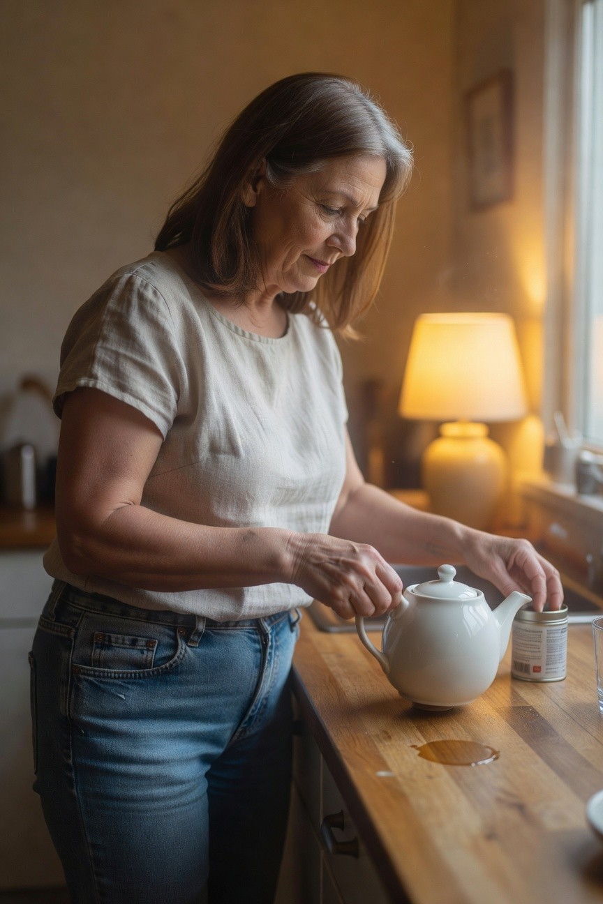 Older woman in a loose beige linen short-sleeve blouse and straight-leg blue jeans, standing in kitchen pouring tea from a white teapot.