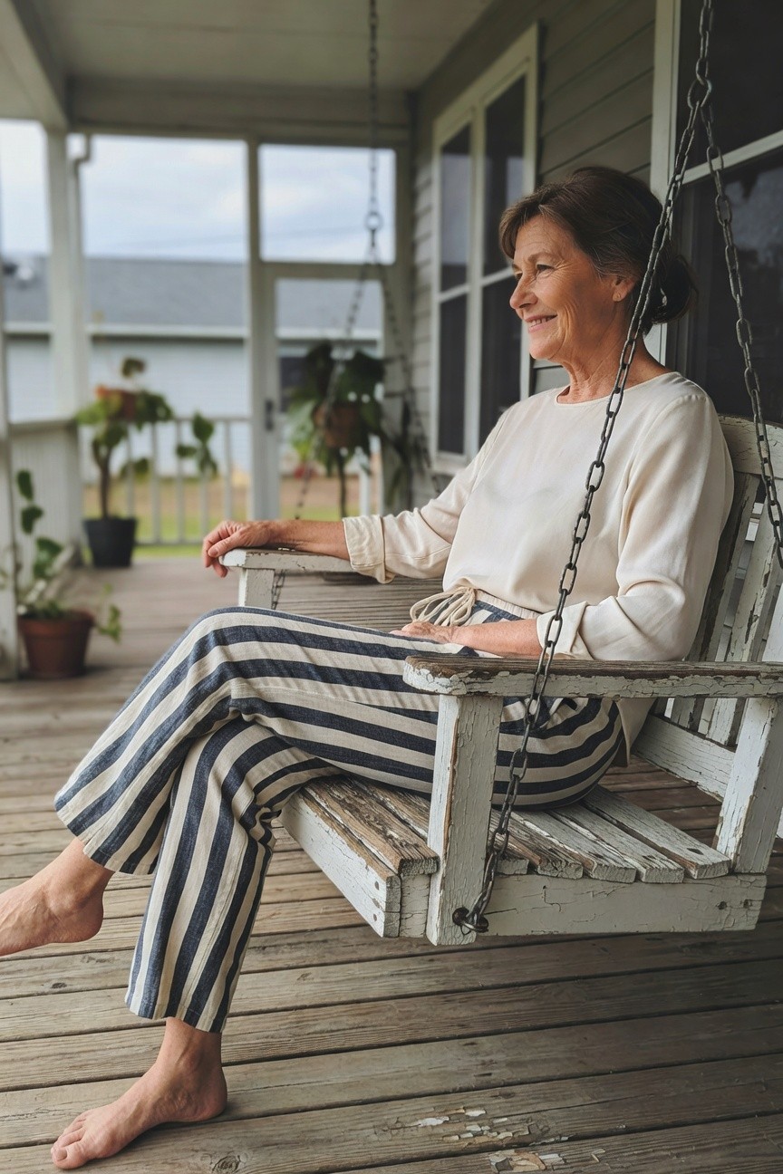 Older woman with brown hair in ponytail wearing loose cream blouse and navy white striped wide leg pants, sitting barefoot and relaxed on weathered wooden porch swing, hand resting on arm, subtle smile, porch plants and railing in soft background