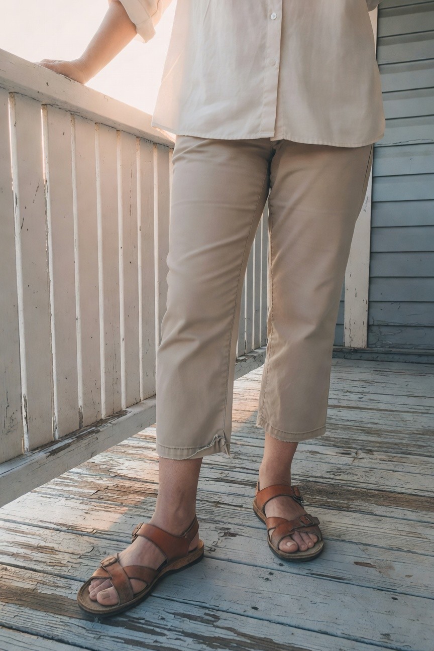 Woman leaning on white porch railing wearing a loose cream button-up blouse with rolled sleeves, beige cropped straight-leg pants, and brown leather strappy sandals with buckles on a wooden deck