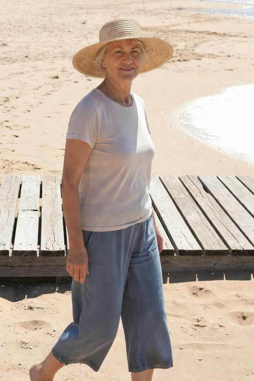 Older woman in straw hat, light gray t-shirt, and blue-gray cropped wide-leg pants walking barefoot on sandy beach boardwalk