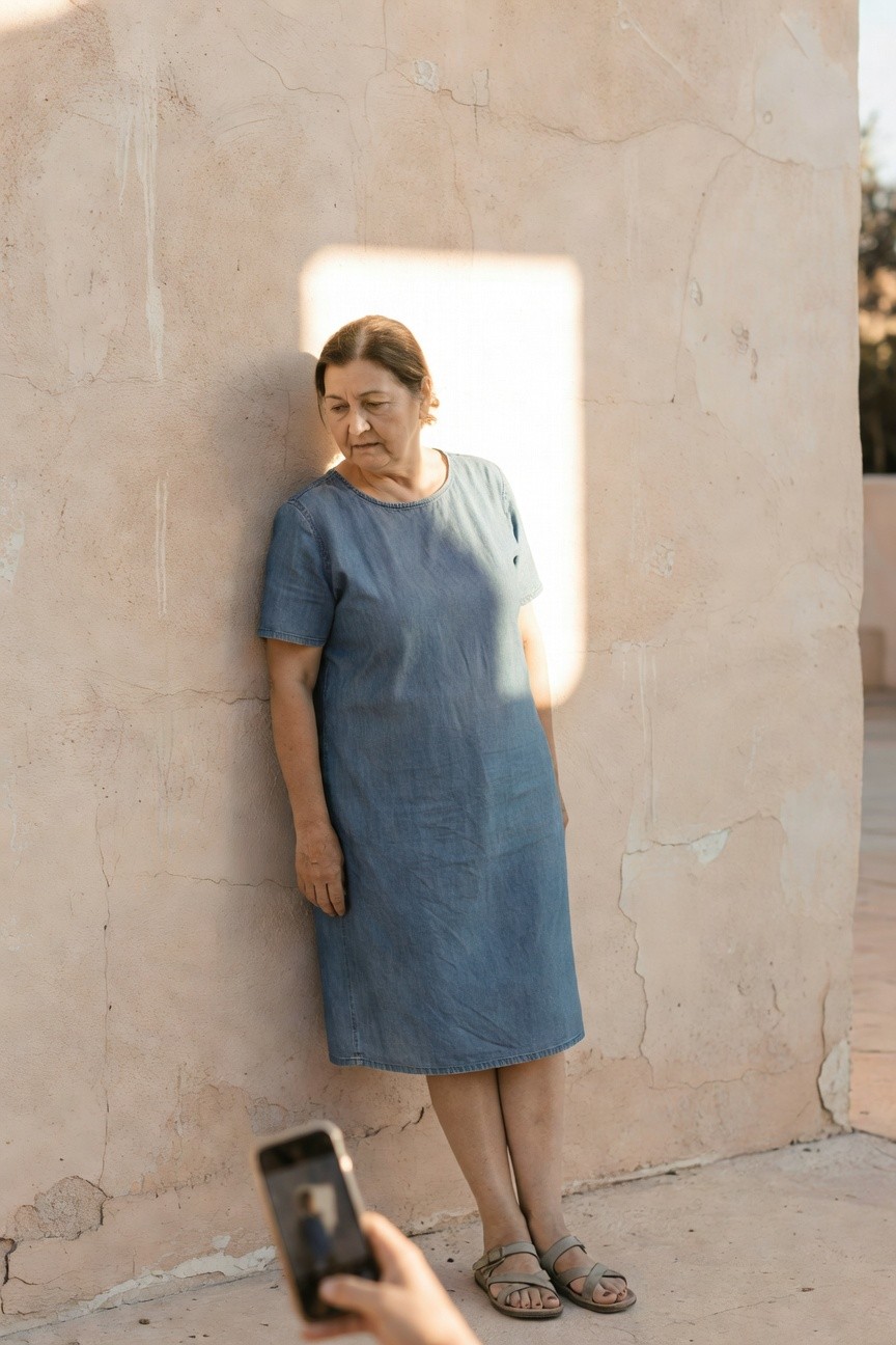 Older woman in light blue denim short-sleeve shift dress leaning against wall, wearing thin necklace, strappy flat sandals, with hand holding phone in foreground
