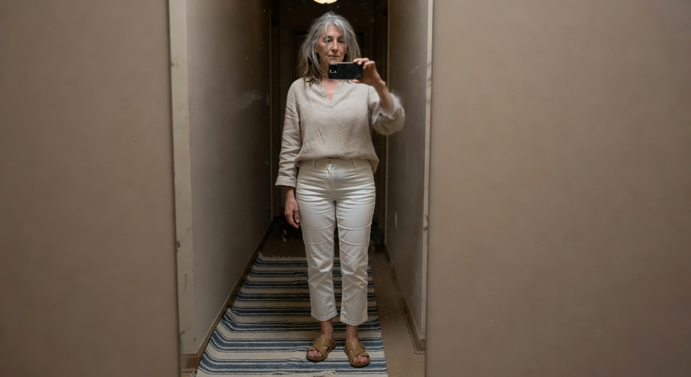 Mirror selfie of a woman in her 50s with gray-blonde hair, wearing a loose white linen long-sleeve blouse with V-neck, high-waisted white cropped straight-leg pants, and tan cross-strap leather sandals, standing in a neutral hallway with a patterned rug.