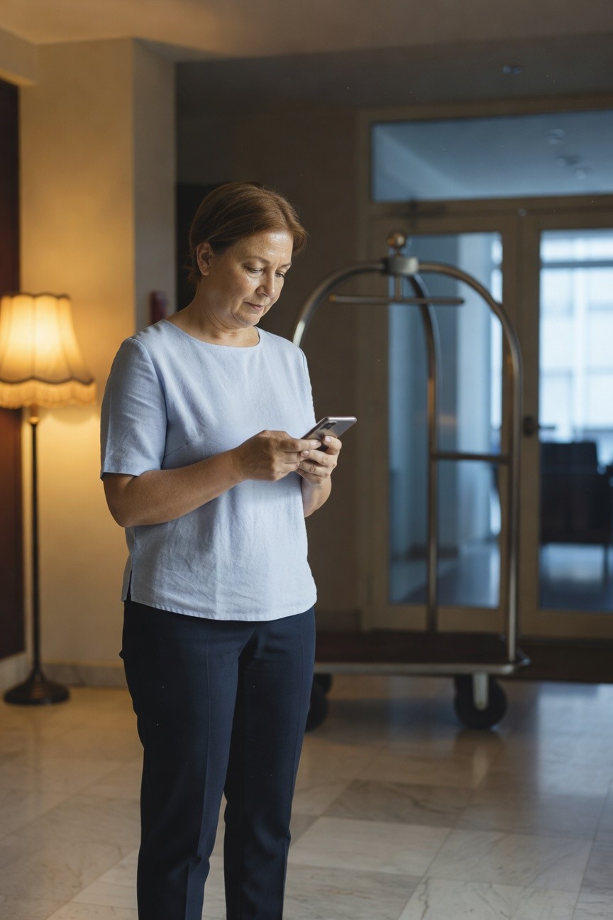 Mature woman with auburn hair standing in a hotel lobby, wearing a light blue short-sleeve blouse tucked into slim navy pants, holding a smartphone while near a bellhop cart and lamp