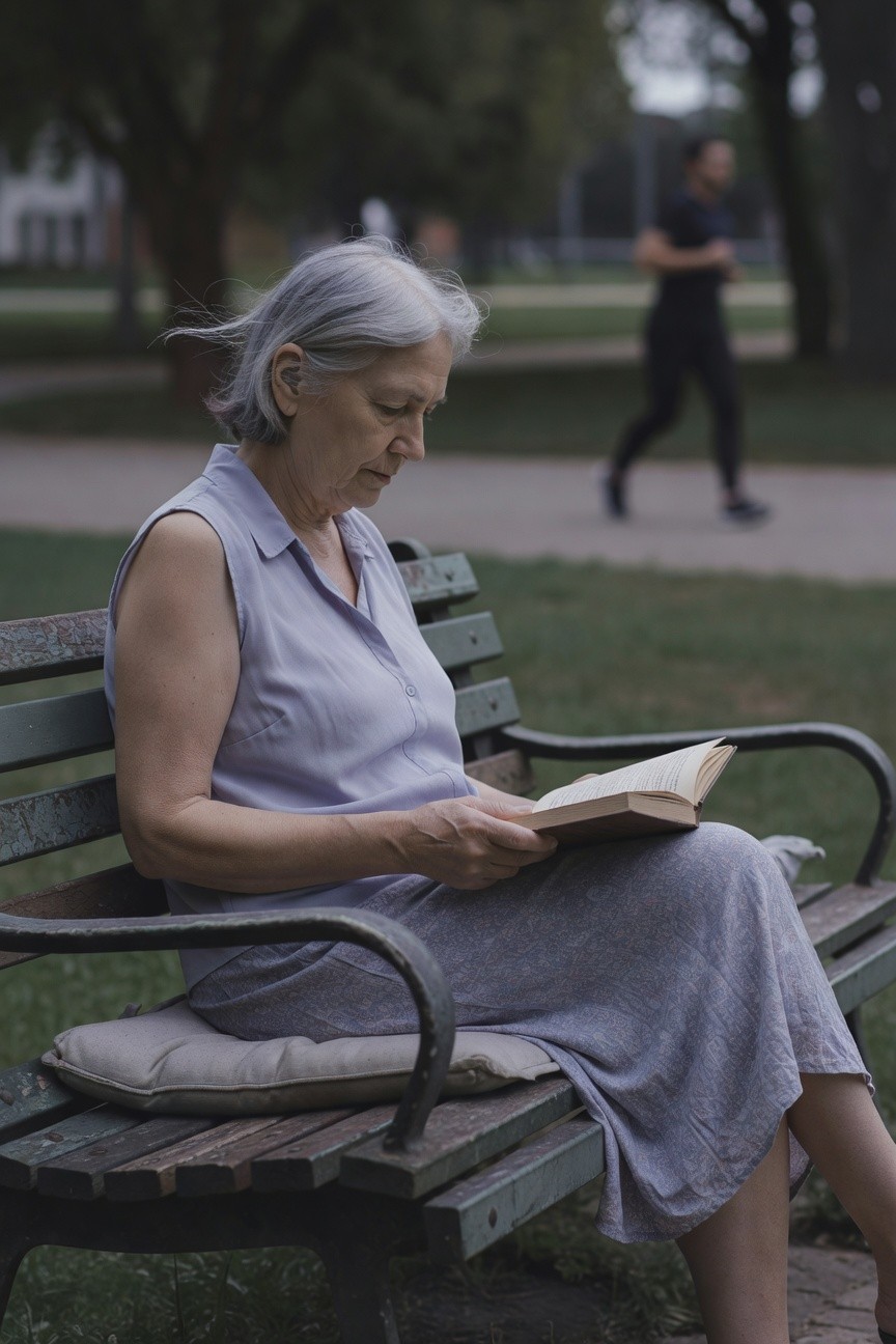 Older woman with gray hair wearing a sleeveless light blue collared blouse and matching patterned midi skirt, seated on a green park bench holding an open book