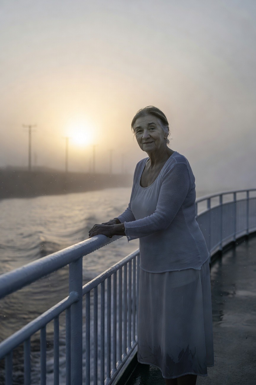 Older woman in light gray long-sleeve knit sweater and matching flowy midi skirt with dark gloves, leaning on a metal railing