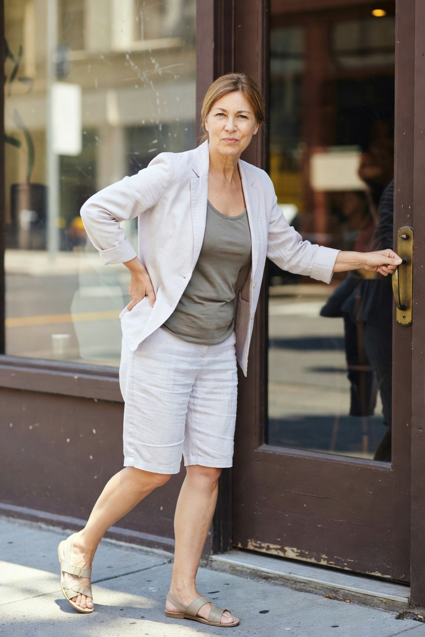 Mature woman in cream linen blazer over gray tank top and matching linen shorts, nude strappy sandals, hand on hip and opening glass door to storefront