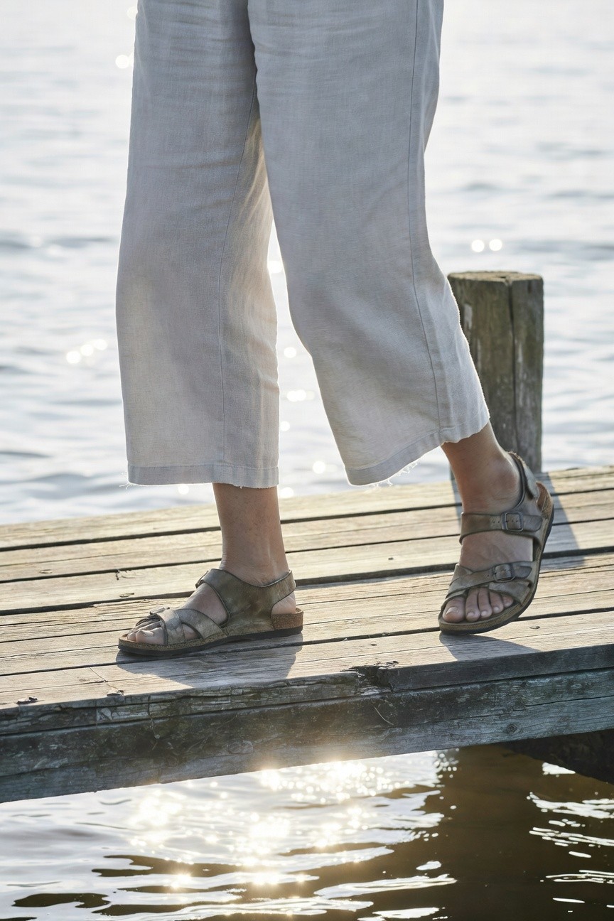 Close-up of a woman's lower legs wearing wide-leg light linen pants cropped at the ankle and bronze strappy buckled sandals with cork soles, standing on a wooden dock by calm water