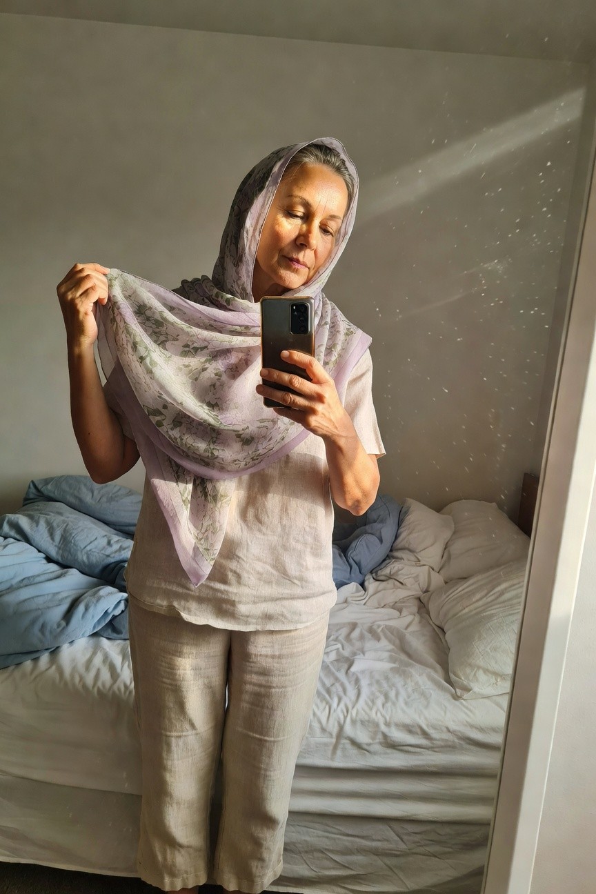 Older woman in beige linen short-sleeved top and cropped pants, gray headscarf on head, holding light purple floral scarf, posing in front of bedroom mirror