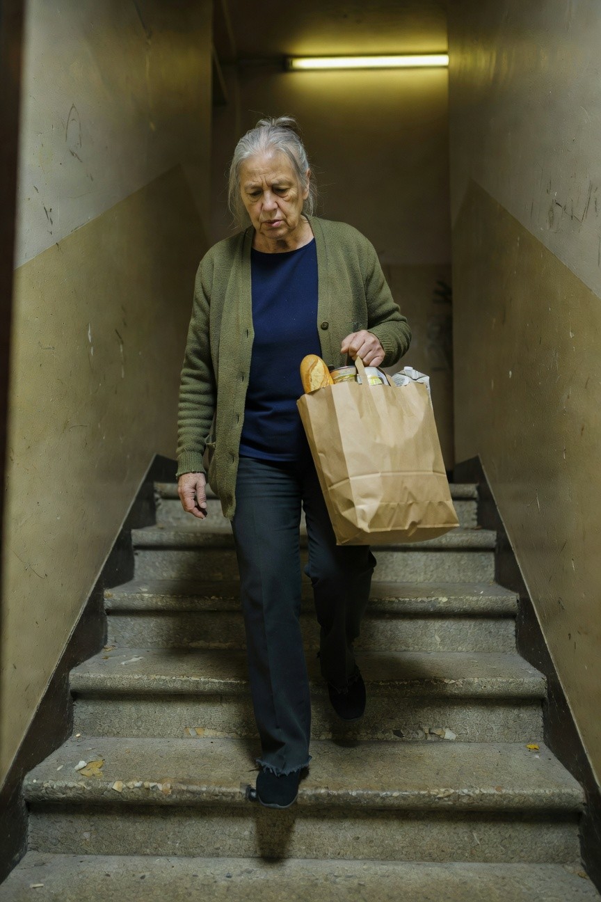 Silver-haired woman in open olive green cardigan over navy blue top, black straight-leg pants, and black sneakers, descending concrete stairs while holding a brown paper grocery bag with baguette and cans