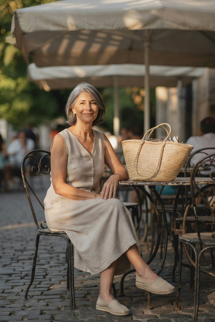 Silver-haired woman in beige sleeveless button-front linen midi dress, seated at café table with straw tote bag and tan espadrille wedges, elegant coastal style