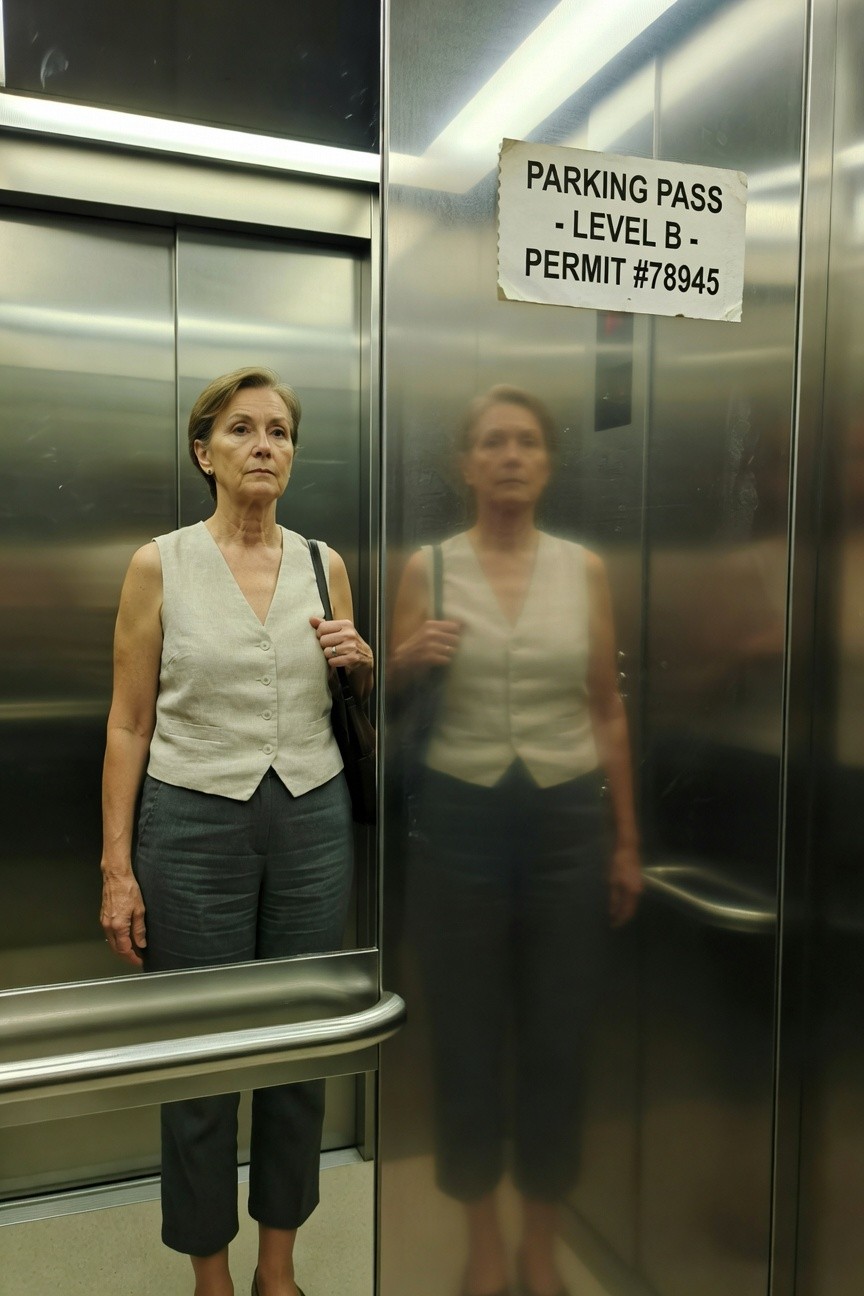Older woman standing in front of elevator doors wearing a sleeveless beige linen vest over gray cropped pants, black leather shoulder bag, and low neutral heels, with her reflection visible in the doors