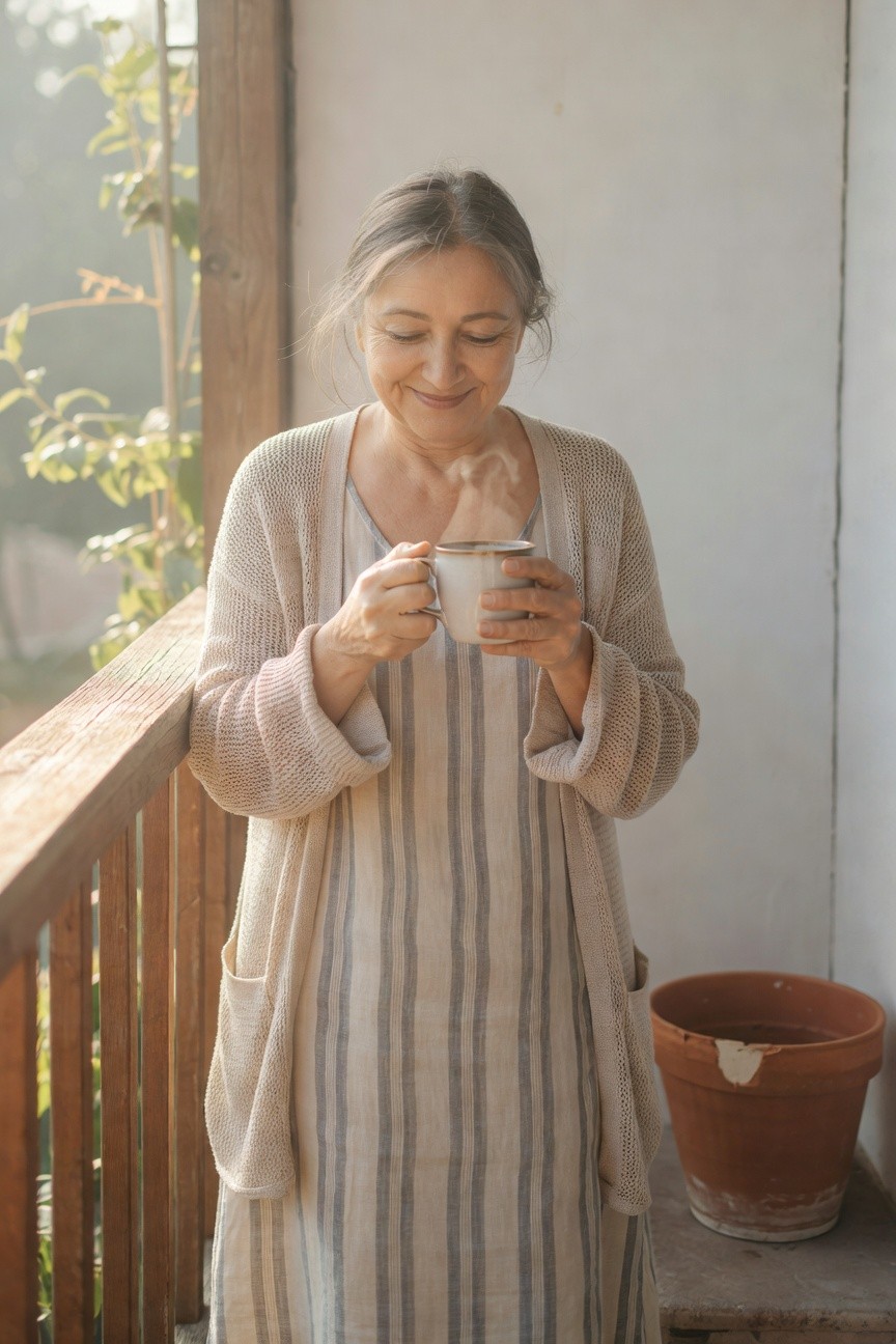 Older woman with graying hair smiling while holding a steaming white mug, dressed in an open beige knit cardigan over a beige and blue striped linen midi dress with a net bag in the pocket, standing by a wooden railing next to a terracotta pot