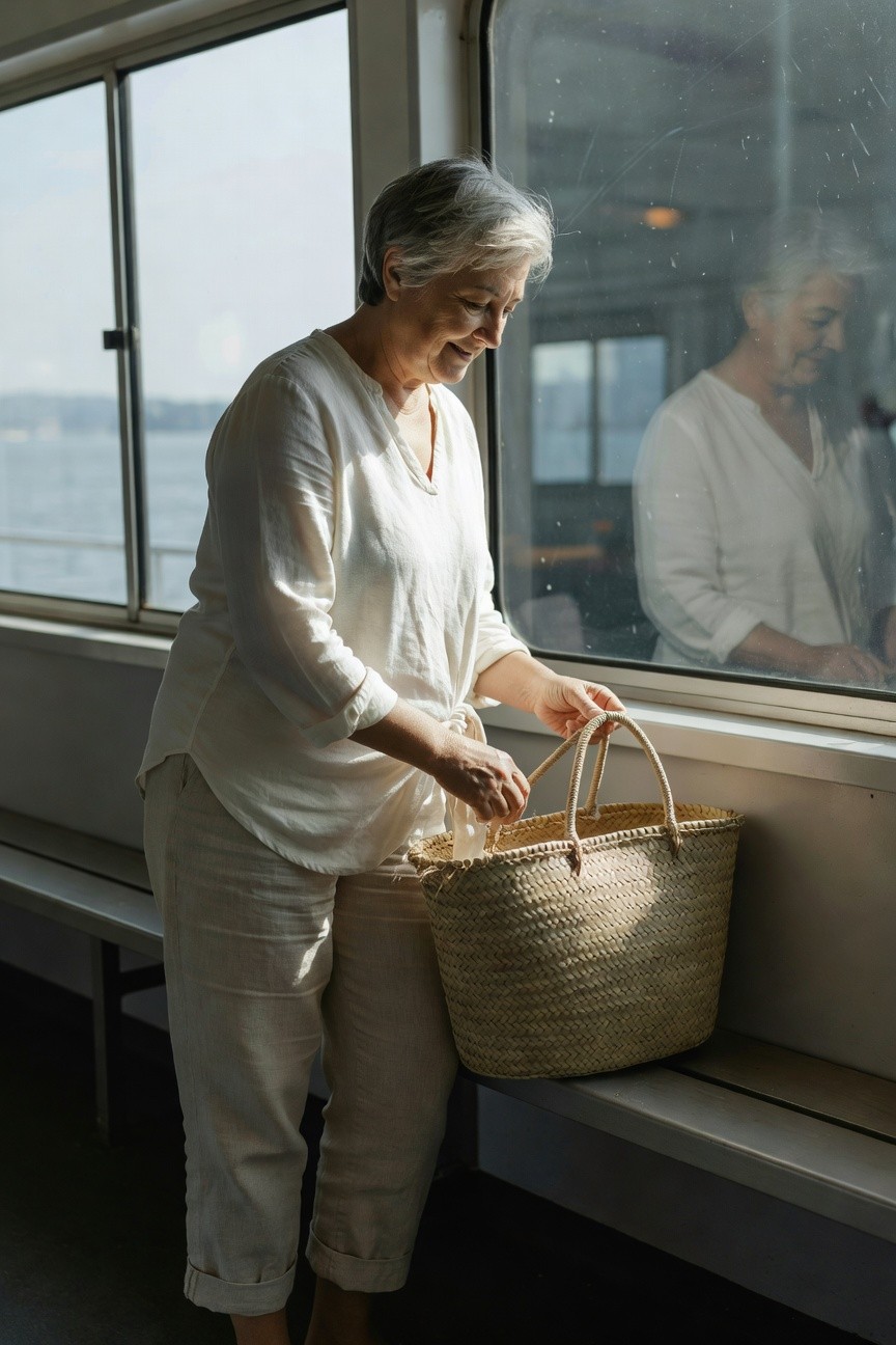 Silver-haired woman in loose white linen blouse, beige cropped linen pants with rolled cuffs, and straw tote bag, standing relaxed by a window in elegant coastal style