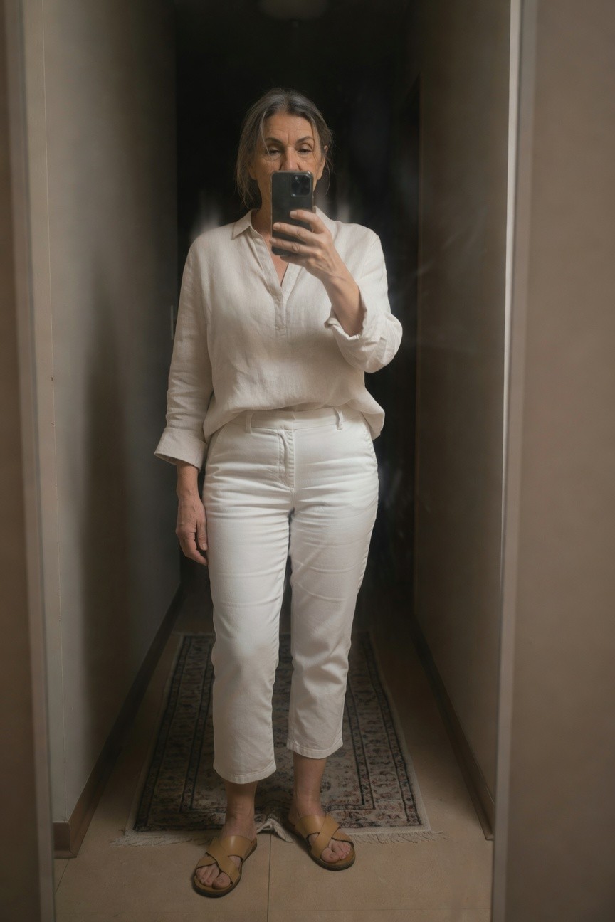 Mirror selfie of a woman in her 50s with gray-blonde hair, wearing a loose white linen long-sleeve blouse with V-neck, high-waisted white cropped straight-leg pants, and tan cross-strap leather sandals, standing in a neutral hallway with a patterned rug.