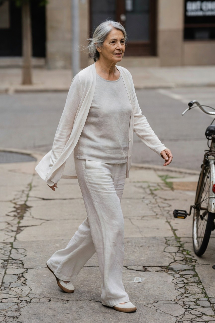Silver-haired woman in her 60s wearing wide-leg off-white linen pants, open white knit cardigan over matching top, and tan espadrille flats, walking on cracked pavement beside an old bicycle