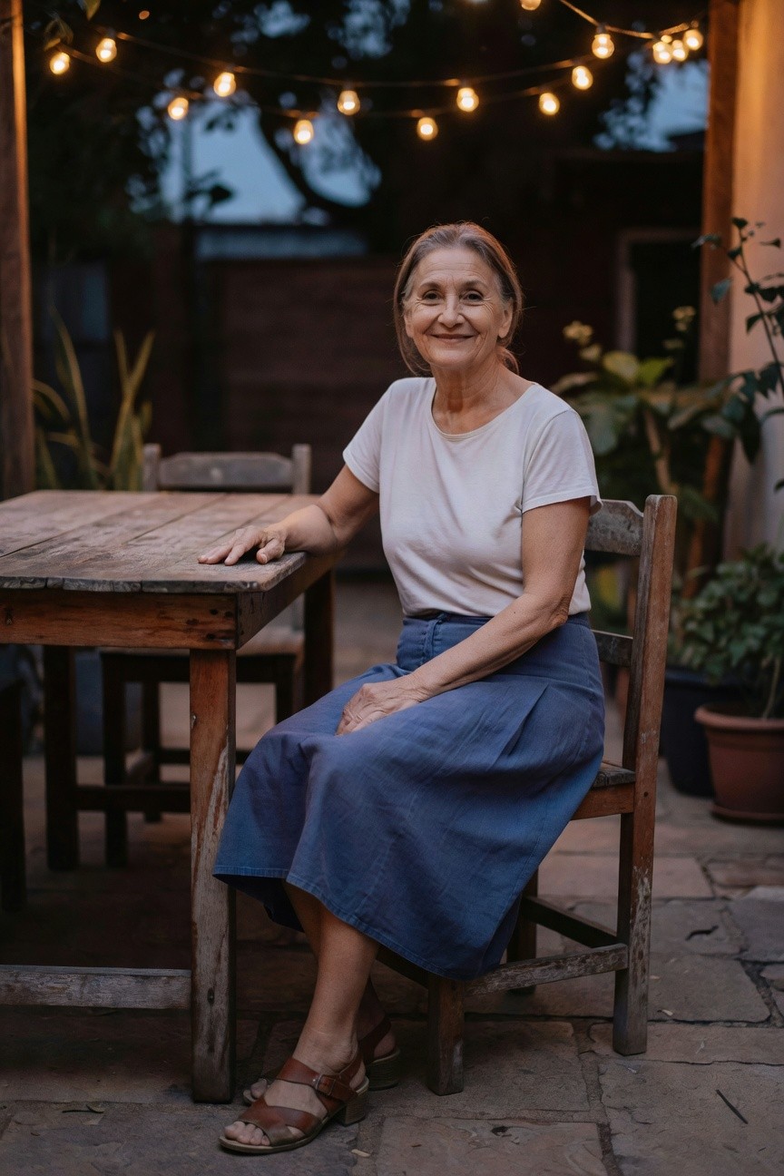 Older woman seated at wooden patio table wearing a white short-sleeve t-shirt, navy blue midi skirt with pleats, and tan strappy block-heel sandals, smiling relaxedly