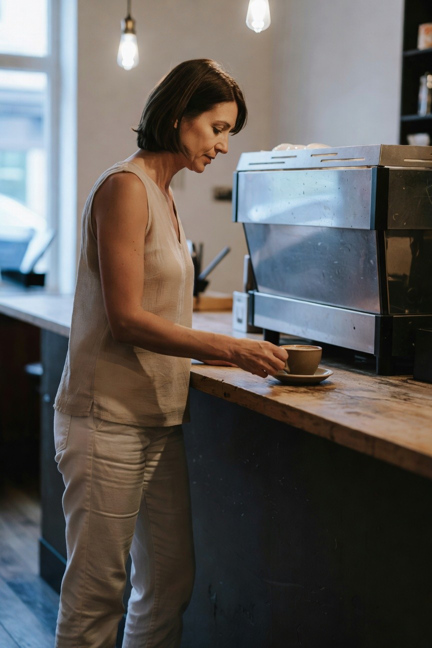 Side profile of a woman in a loose beige sleeveless tank top and straight white linen pants, holding a coffee cup at a wooden counter