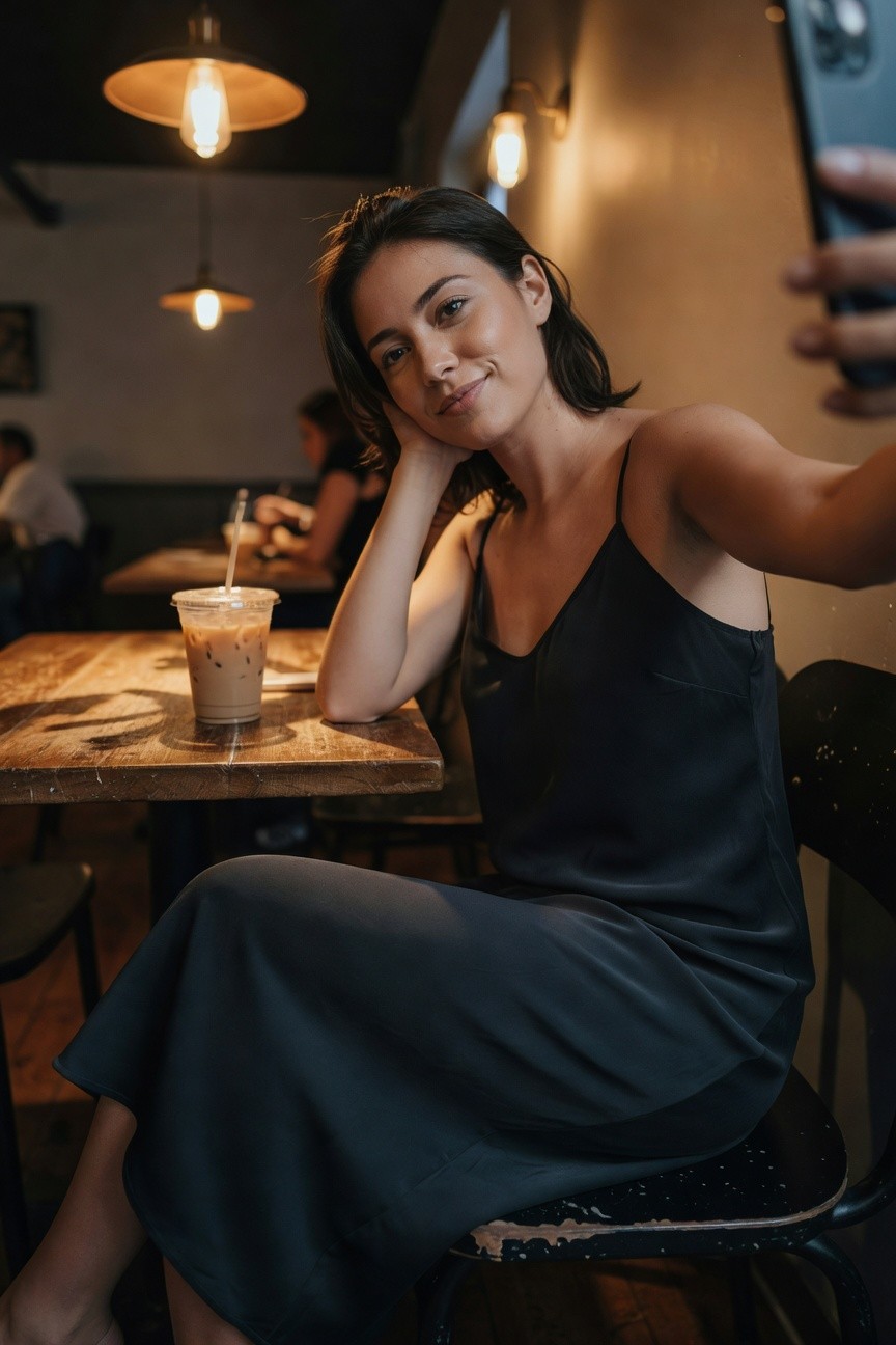 Woman in black satin slip dress taking a selfie while seated at a cafe table with iced coffee nearby, hand on cheek, warm indoor lighting
