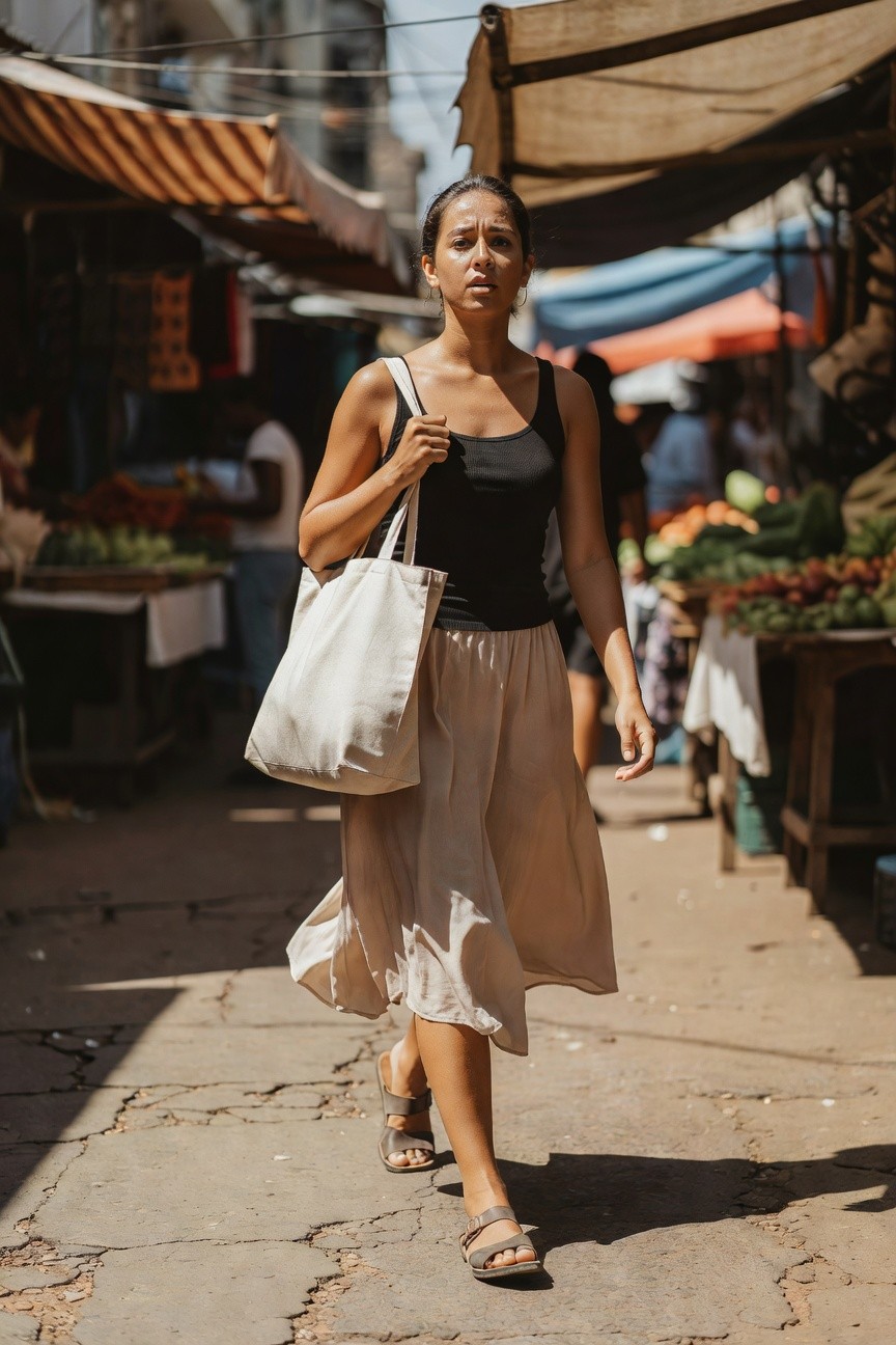 Woman in black sleeveless tank top, flowing beige midi skirt, white canvas tote bag over shoulder, and tan strappy flat sandals, walking down a market path