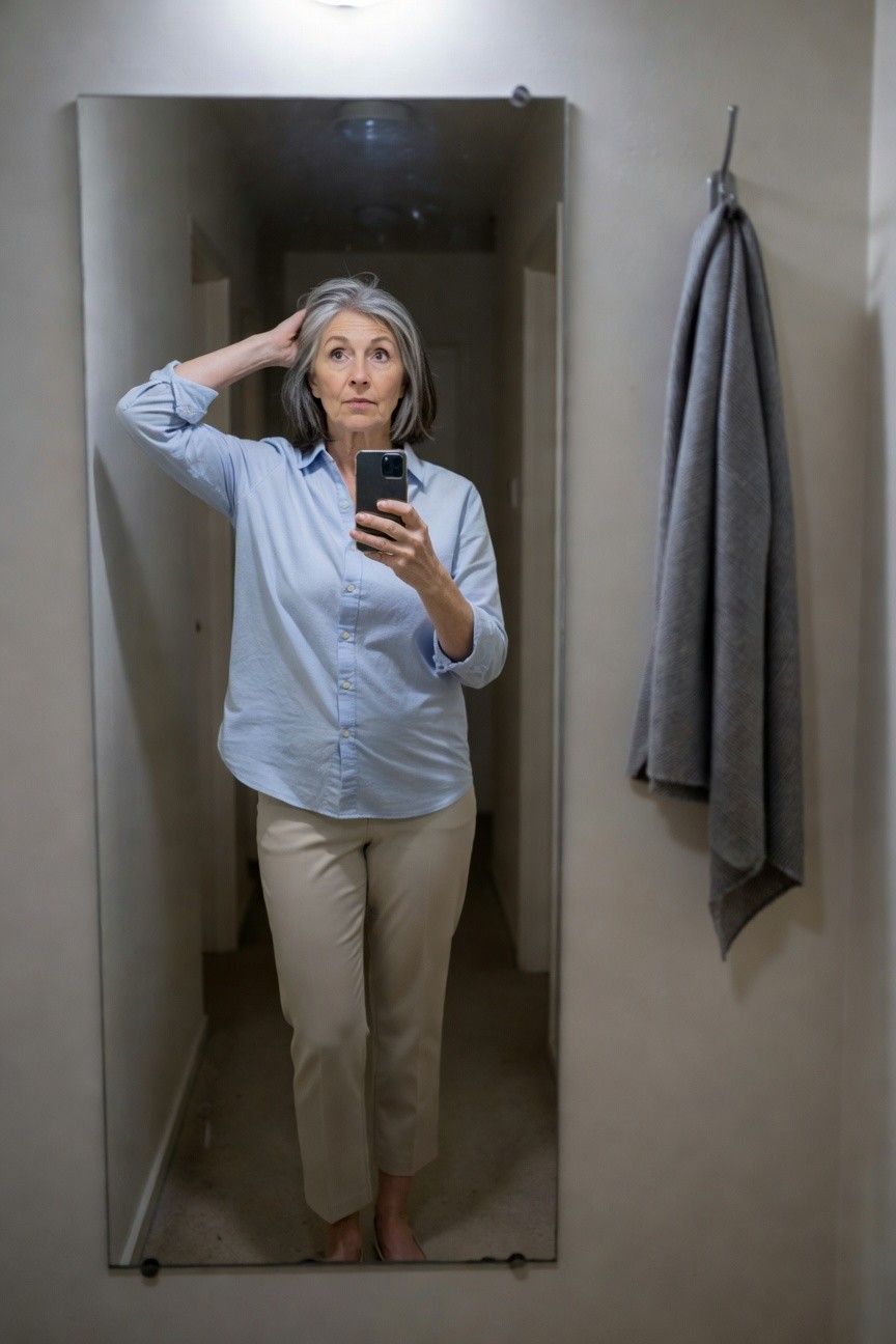 Silver-haired woman in light blue button-up blouse with rolled sleeves, beige ankle-length trousers, and barefoot, taking a mirror selfie while scratching her head in a bathroom hallway