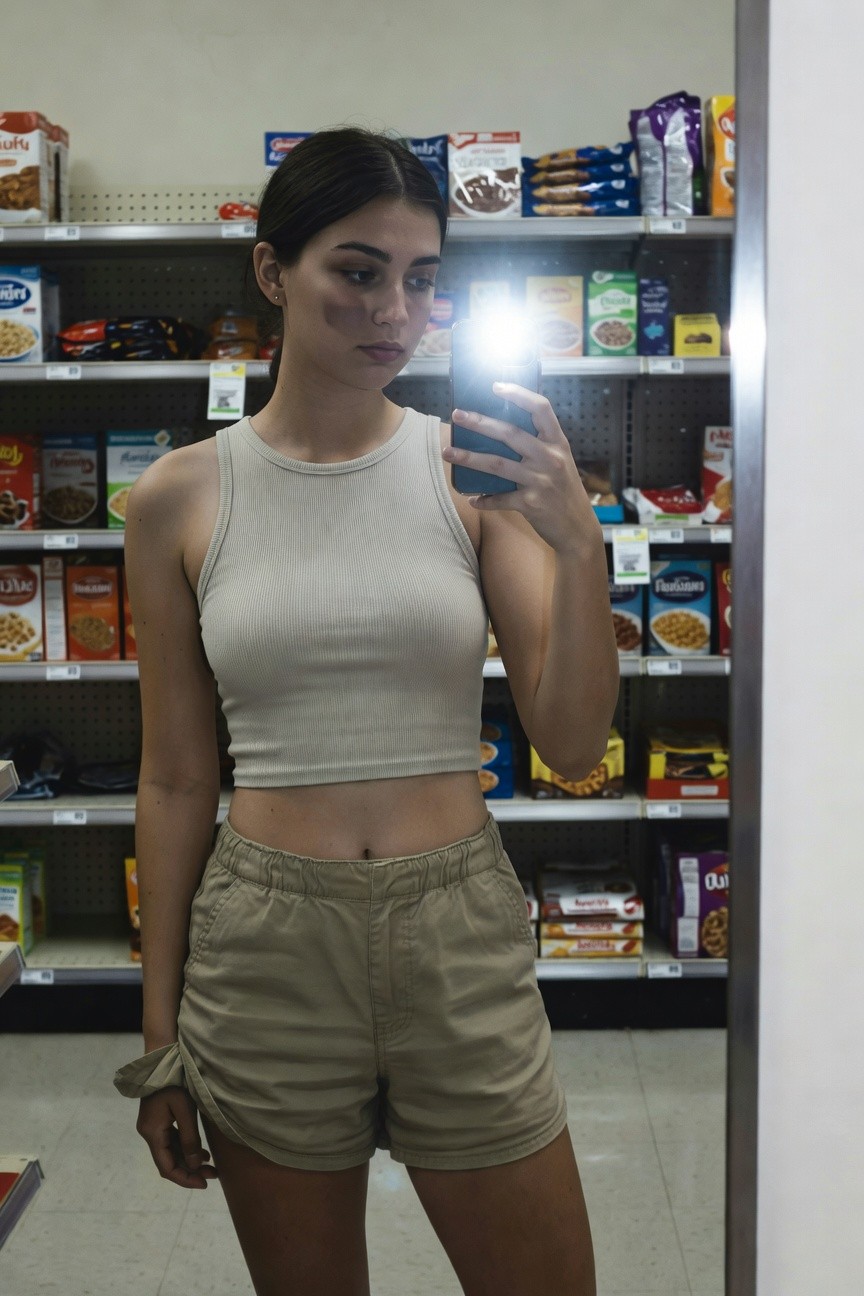 Young woman in cropped beige ribbed tank top and matching baggy khaki shorts taking a mirror selfie in a grocery store cereal aisle, phone flashlight on, subtle bruise under eye