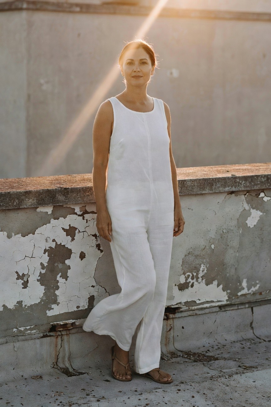 Woman standing in a sleeveless white linen tank jumpsuit with wide-leg pants and tan flat sandals, hand on a ledge, hair pulled back