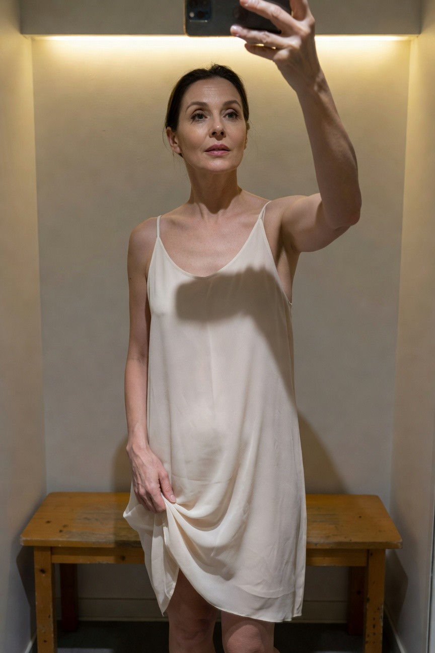 Woman taking a mirror selfie in a cream silk slip dress with thin straps, mid-thigh length, holding the hem slightly, standing in a small neutral room with a wooden bench nearby
