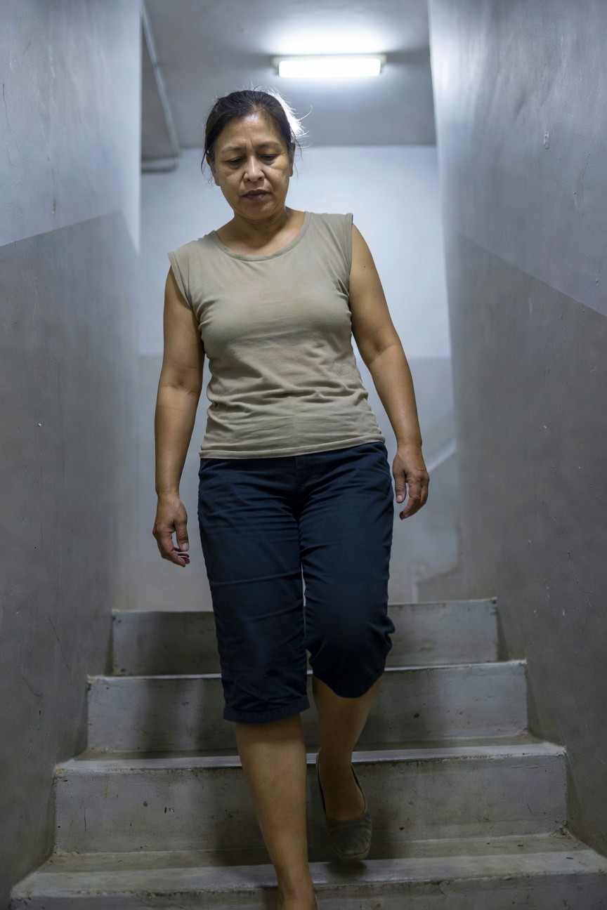 Middle-aged Asian woman walking down concrete stairs in a loose beige sleeveless tank top, navy knee-length cropped pants, and gray flats, dimly lit stairwell background
