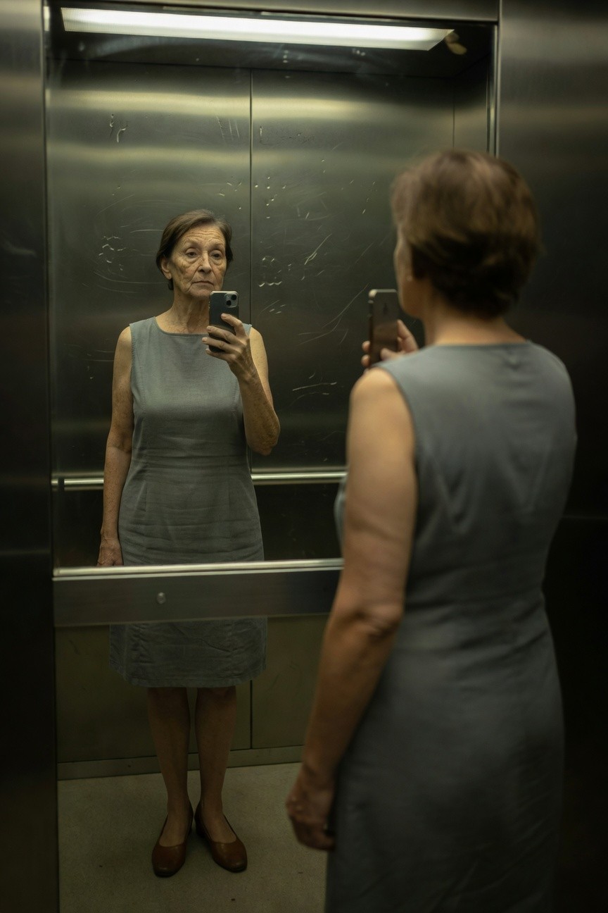 Mirror selfie of mature woman in elevator wearing sleeveless light gray knee-length shift dress, brown leather flats, holding phone, neutral expression