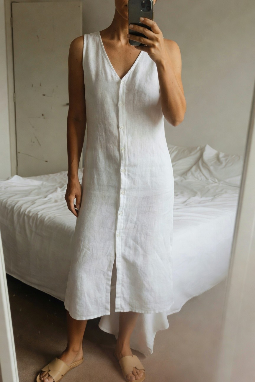 Woman in a sleeveless white linen button-front midi dress with V-neck, asymmetrical hem, and tan leather slide sandals, selfie in mirror by bed