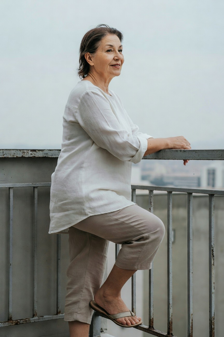 Mature woman in a loose white linen long-sleeve blouse with rolled cuffs, paired with beige cropped pants and flat gold sandals, leaning on a metal railing in a side profile view