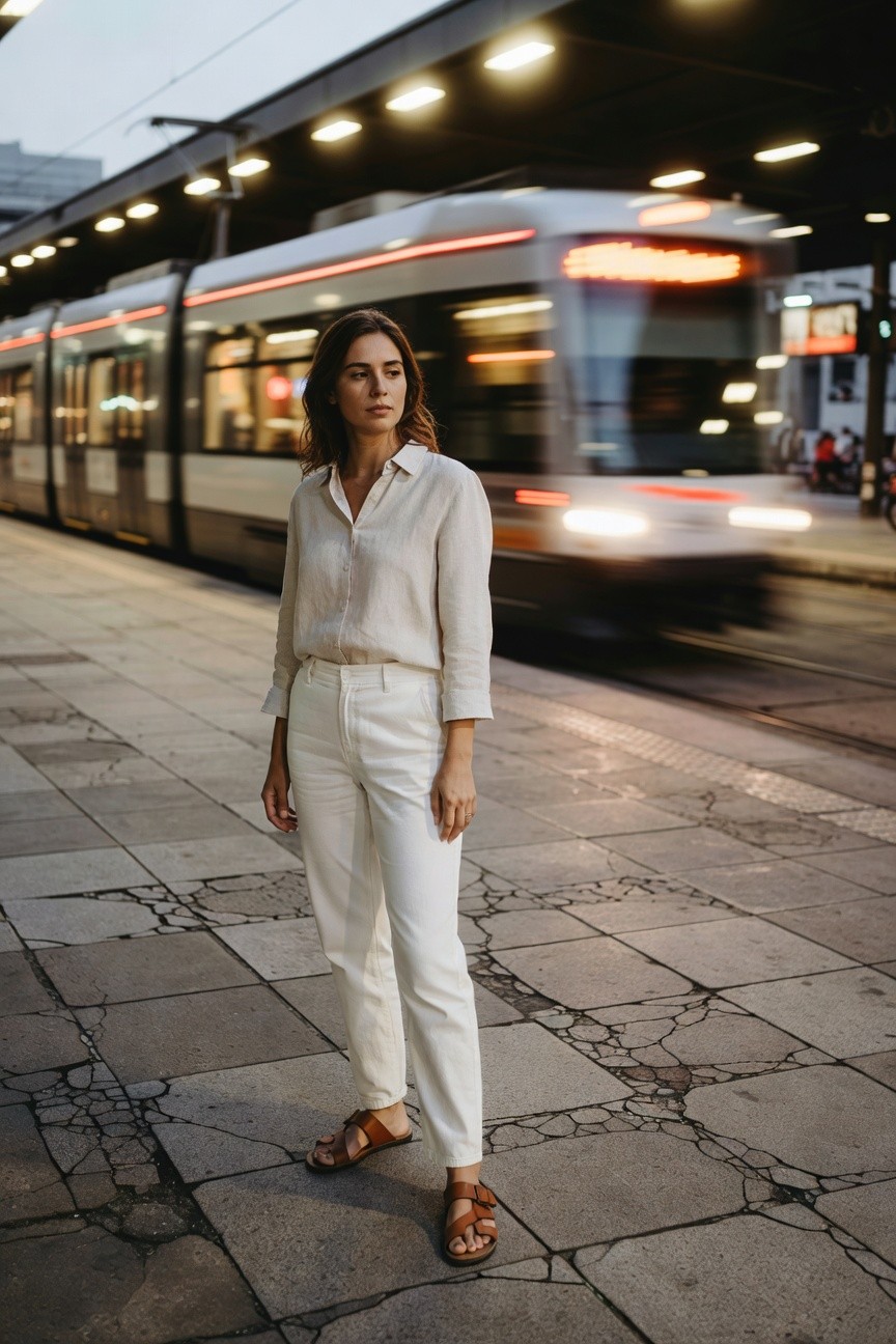 Woman in white linen button-up shirt with rolled sleeves, white wide-leg trousers, and brown leather strap sandals, standing on a tiled platform with blurred tram in background