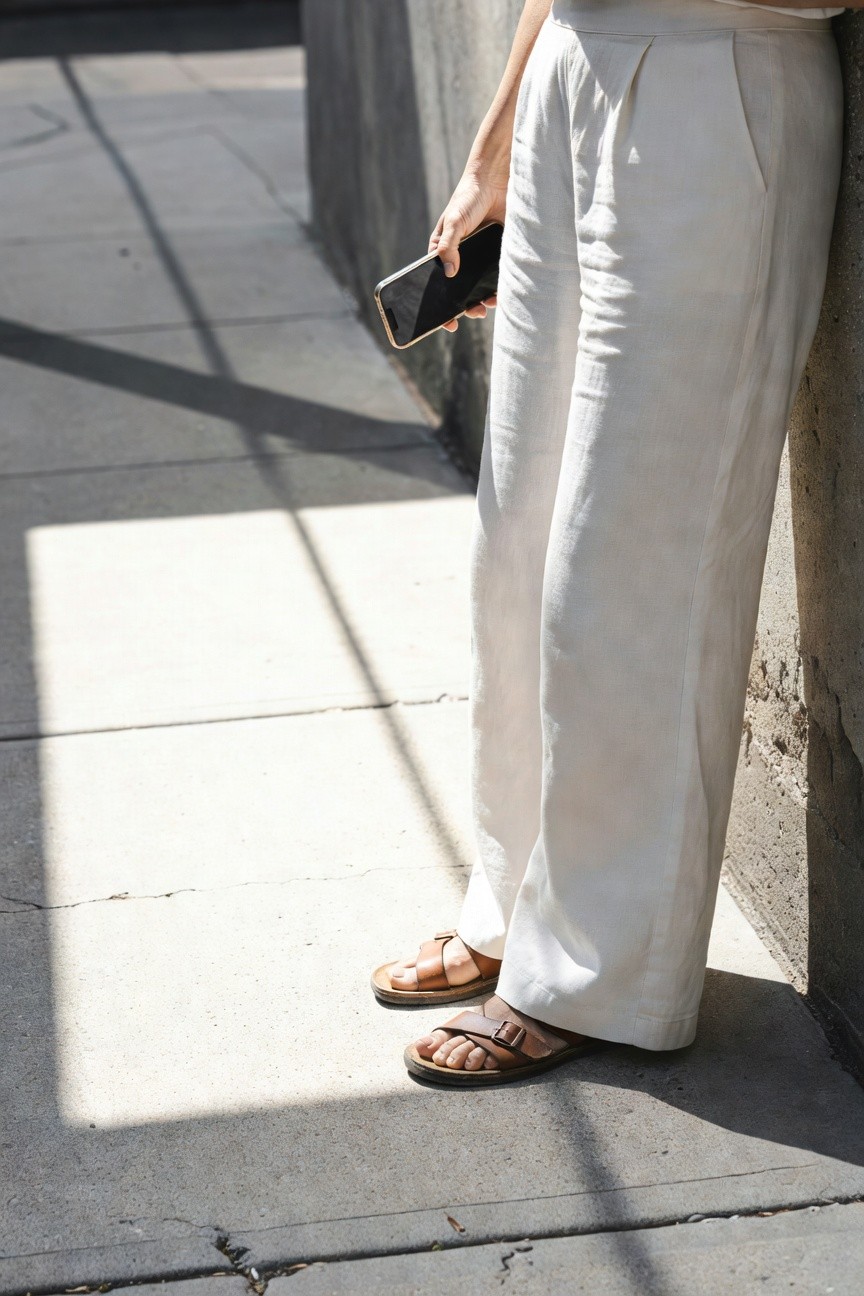 White Linen Wide-Leg Pants and Sandals
