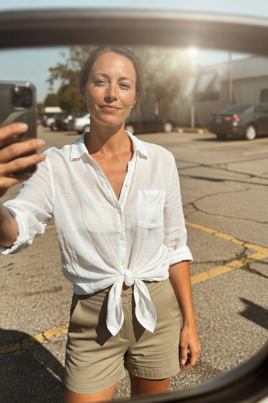 Woman taking a selfie in a car mirror wearing a sheer white long-sleeve button-down shirt tied in a knot at the waist over tailored khaki shorts, smiling in a parking lot setting