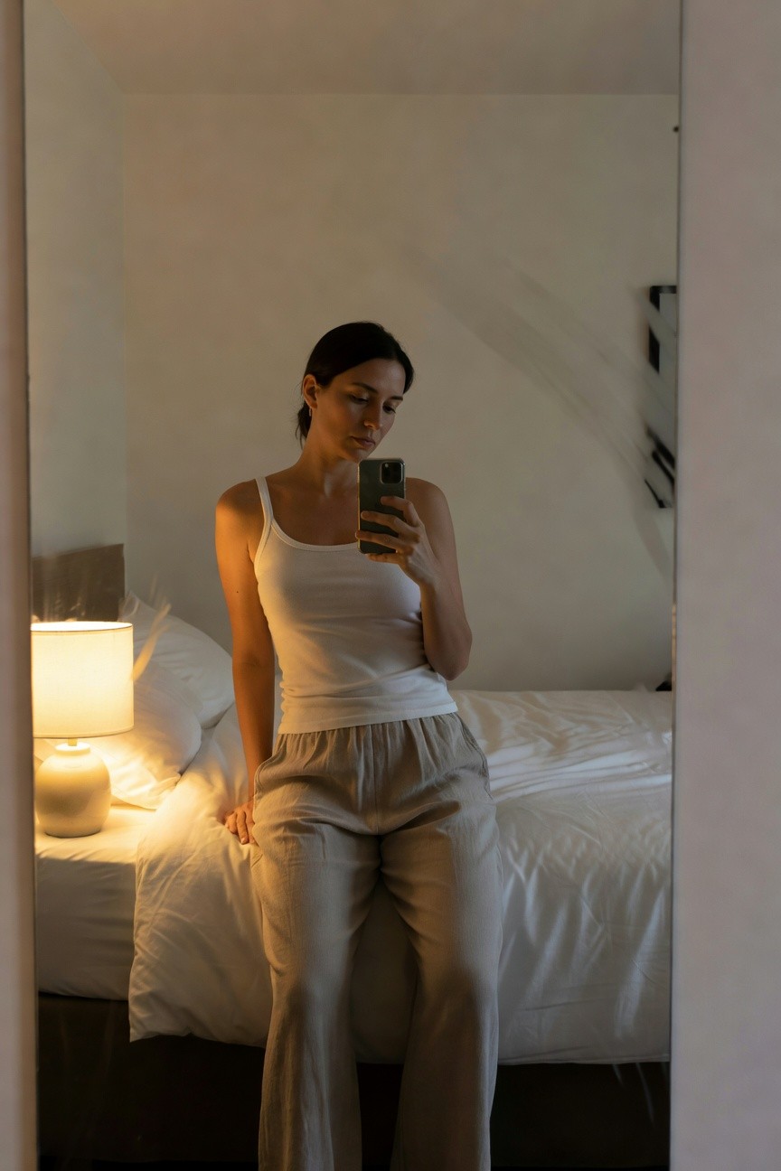 Mirror selfie of a woman in a white spaghetti-strap tank top and wide-leg beige linen pants, sitting on a bed edge in a softly lit bedroom