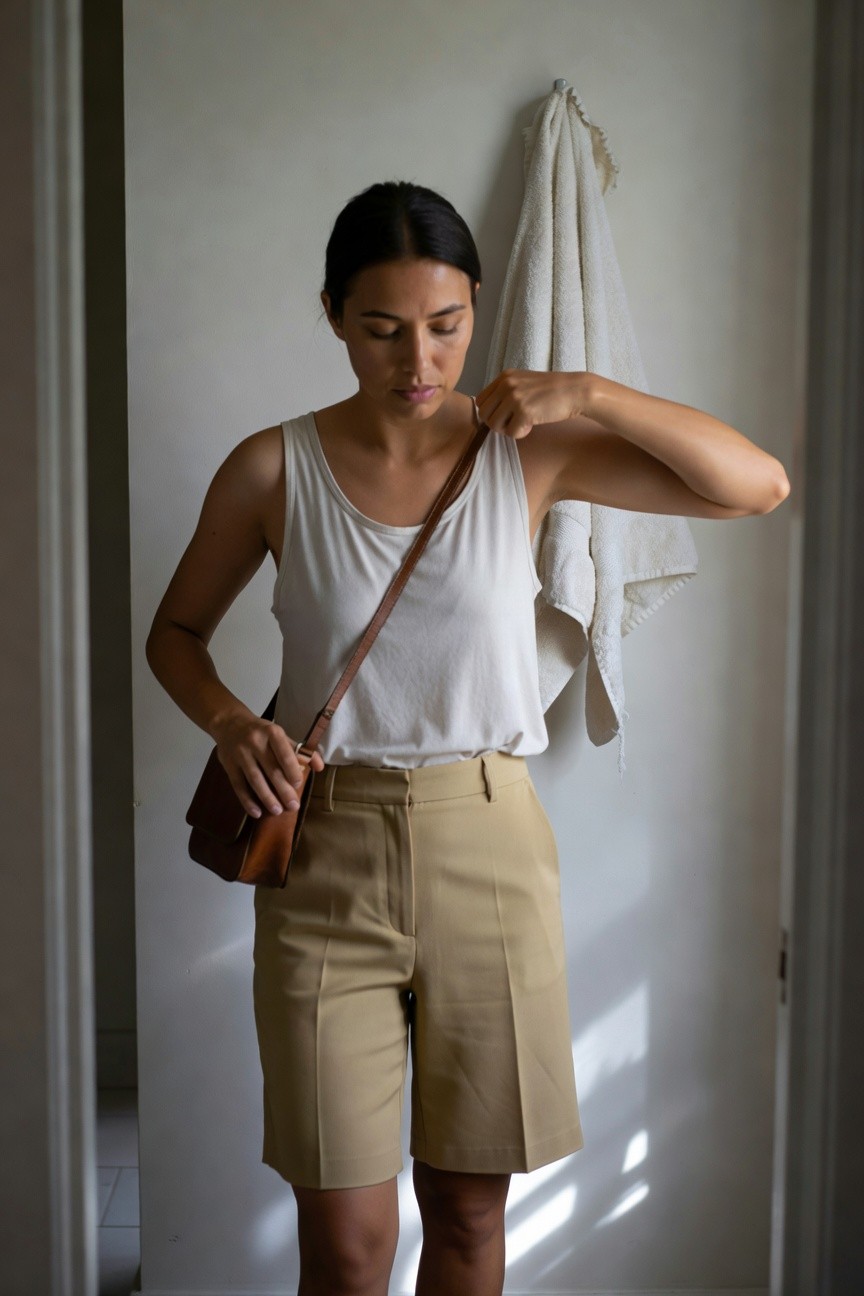 Woman in a white sleeveless tank top, beige tailored mid-thigh shorts, and brown leather crossbody bag, standing in a doorway while adjusting her top strap