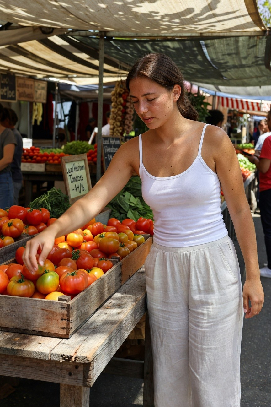 Woman in a white spaghetti-strap tank top and matching wide-leg linen pants reaching for tomatoes at an outdoor market stall