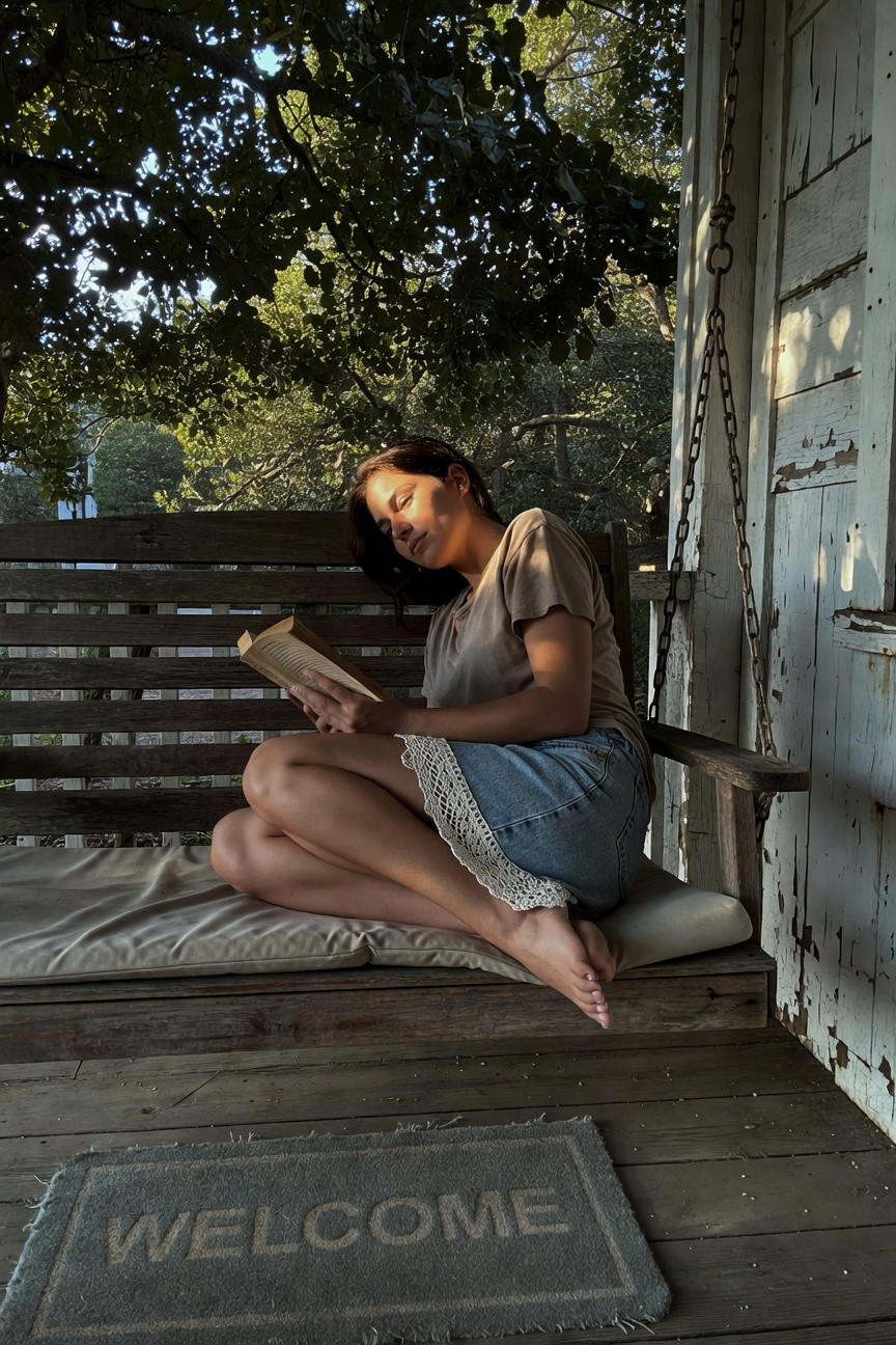 Woman with dark hair sitting cross-legged on a porch swing reading an open book, dressed in a short-sleeved beige t-shirt, light blue denim mini skirt with white lace trim at hem, barefoot on a cushioned seat, porch details and greenery in background