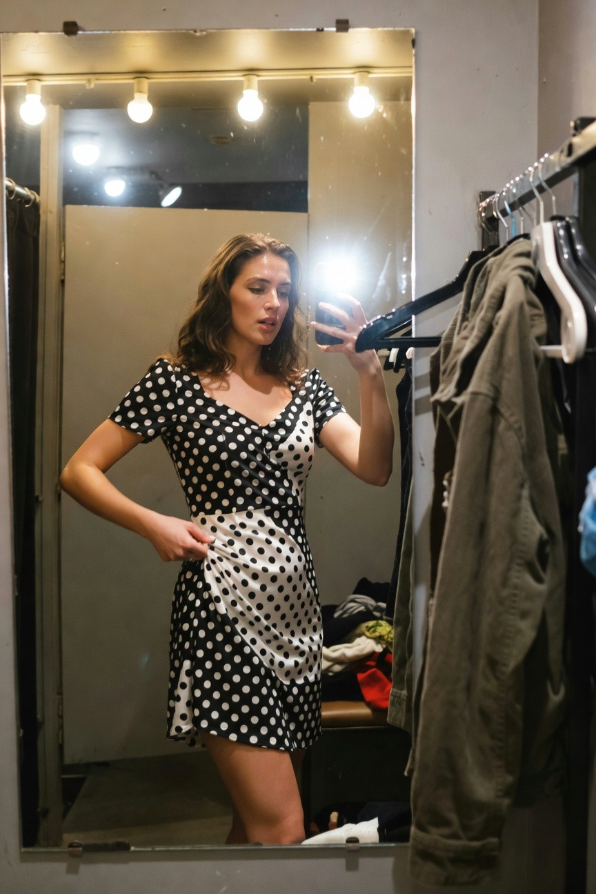 Woman taking a mirror selfie in a clothing store fitting room, wearing a short black and white polka dot mini dress with satin lower skirt, holding phone in one hand and adjusting dress with the other, surrounded by hanging clothes.